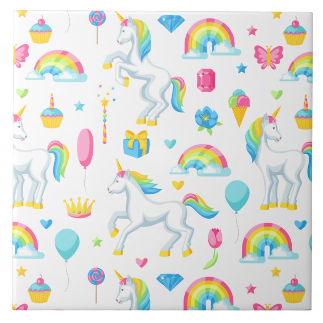 Rainbows and Unicorns Fantasy Fairy Tale Cute Tile (Front)