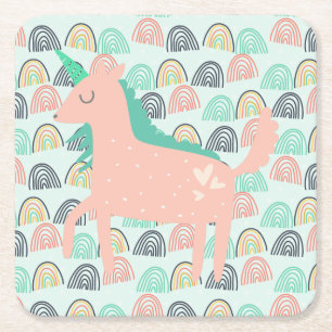 Rainbows and Unicorns Square Paper Coaster
