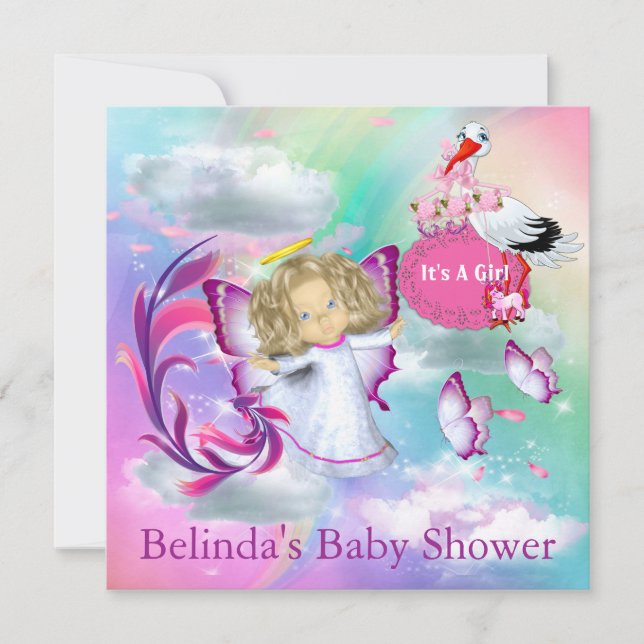 Rainbows,Fluffy Clouds & Baby Butterfly Invitation (Front)