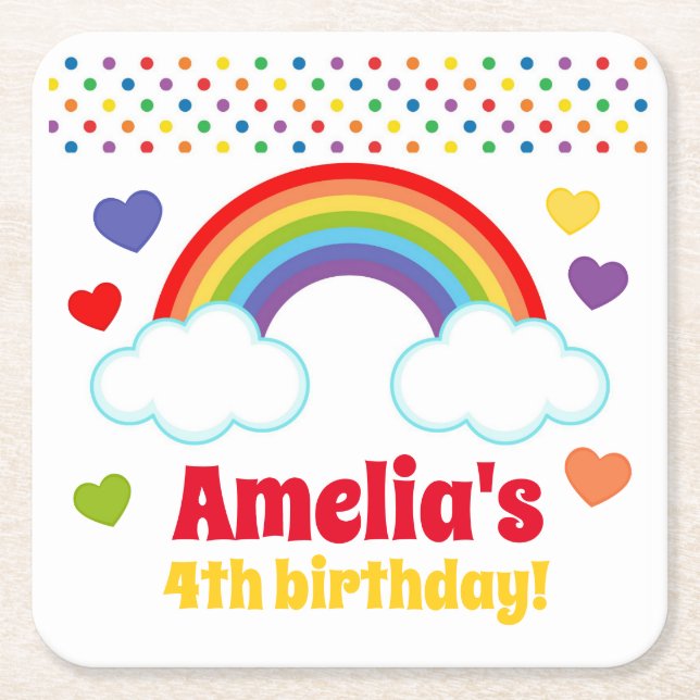 Rainbows Hearts and Dots Girls Birthday Square Paper Coaster (Front)