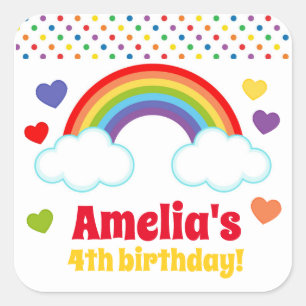Rainbows Hearts and Dots Girls Birthday Square Sticker
