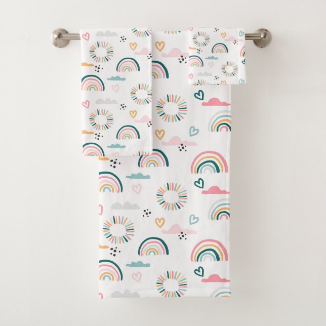 Rainbows & Hearts Pattern Bath Towel Set (Insitu)