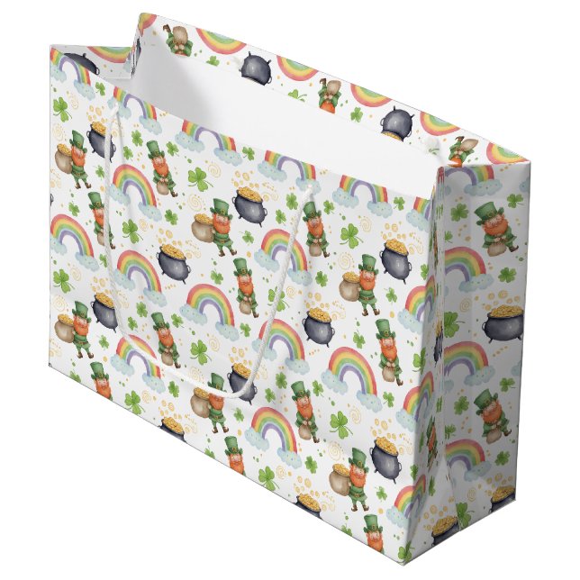 Rainbows Shamrocks Leprechauns St Patrick's Day  Large Gift Bag (Front Angled)