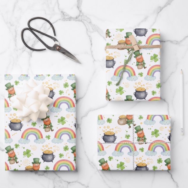 Rainbows Shamrocks Leprechauns St Patrick's Day  Wrapping Paper Sheet (Front)