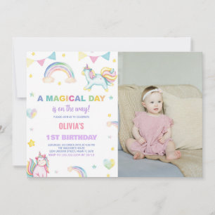 Rainbows Unicorn Birthday Invitations with photo