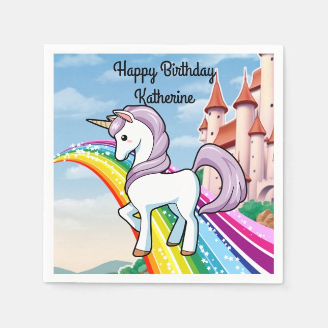 Rainbows & Unicorns Girl's Birthday Party Napkin (Front)