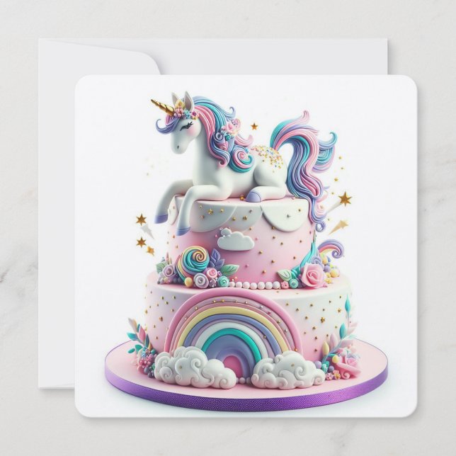 RAINBOWS & UNICORNS KIDS BIRTHDAY CAKE CARD (Front)