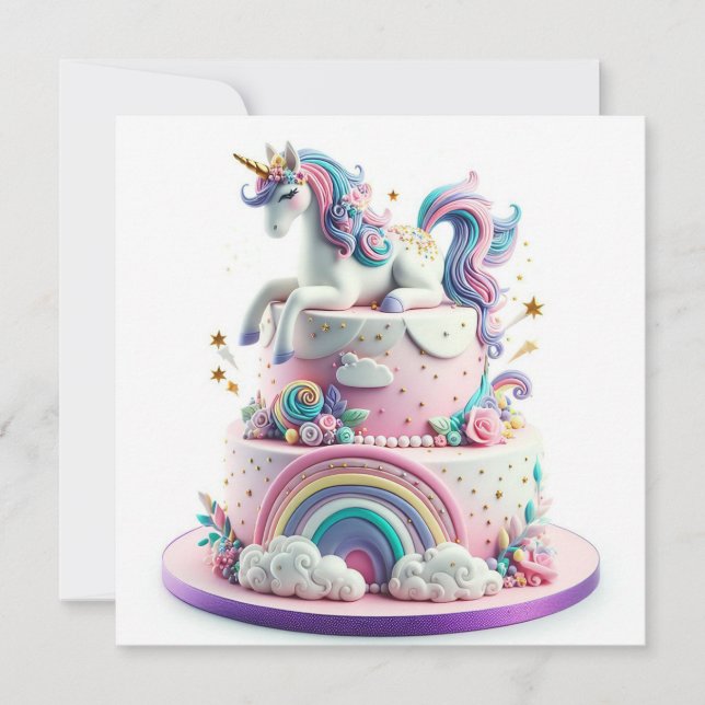 RAINBOWS & UNICORNS KIDS BIRTHDAY CAKE CARD (Front)