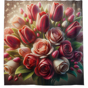 “Raindrop Symphony: Vibrant Roses & Tulips" Shower Curtain