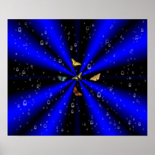 Raindrops and Butterfly on black and blue Poster