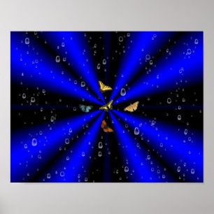 Raindrops and Butterfly on black and blue Poster
