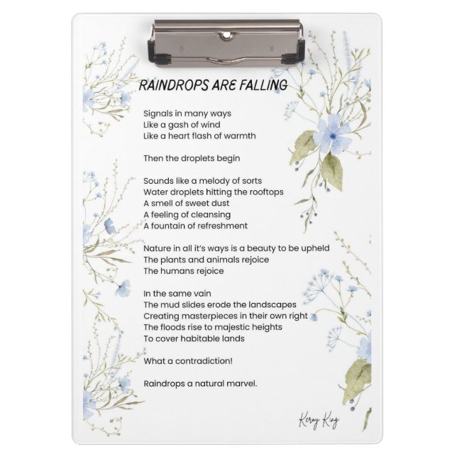Raindrops are falling poem poetry  clipboard (Front)