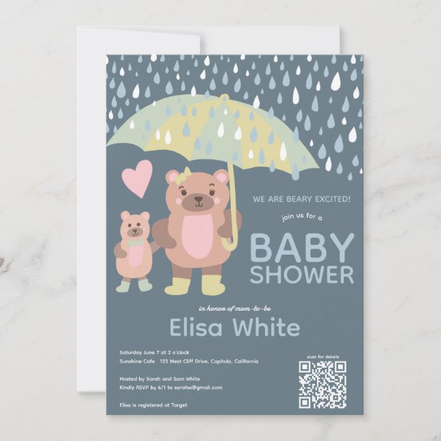 Raindrops Mama & Baby Bear QR CODE Custom Shower Invitation (Front)