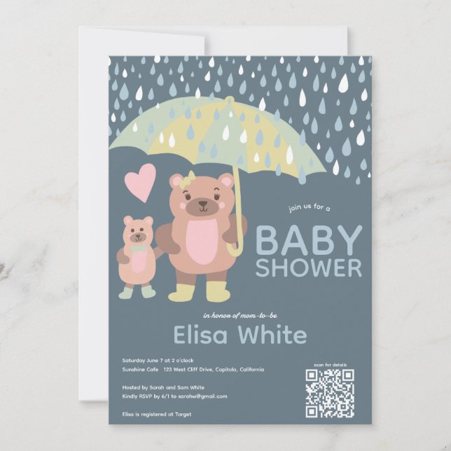 Raindrops Mama & Baby Bear QR CODE Custom Shower Invitation (Front)