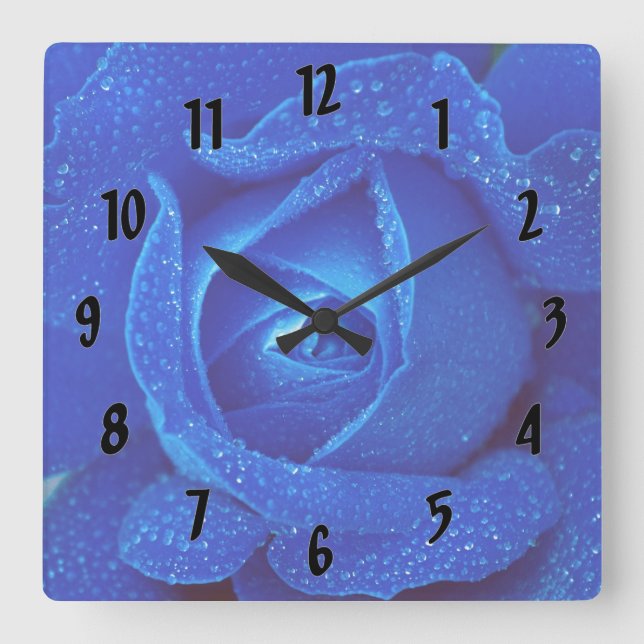 Raindrops On A Blue Rose Square Wall Clock (Front)