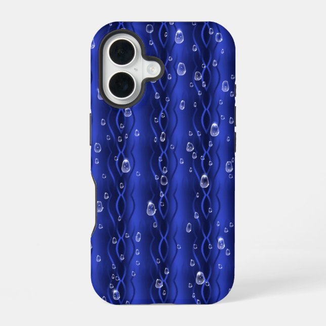 Raindrops on blue Metal iPhone 16 Case (Back)