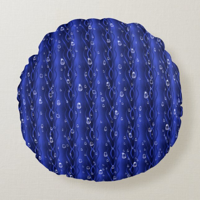 Raindrops on blue Metal Round Cushion (Front)