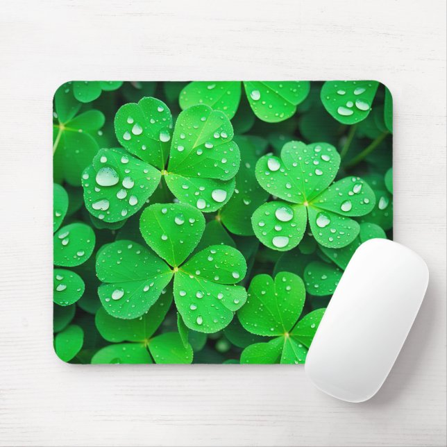 Raindrops On Four-Leaf Clovers Mouse Mat (With Mouse)