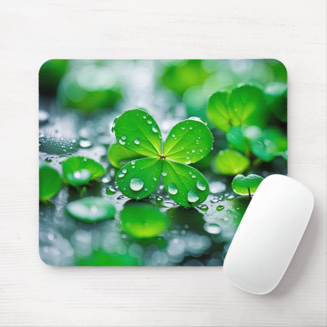 Raindrops On Four-Leaf Clovers Mouse Mat (With Mouse)