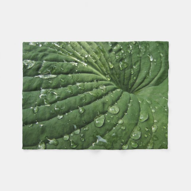 Raindrops on Hosta Leaf Fleece Blanket (Front (Horizontal))