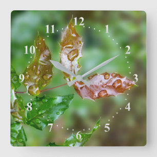 raindrops on leaves square wall clock