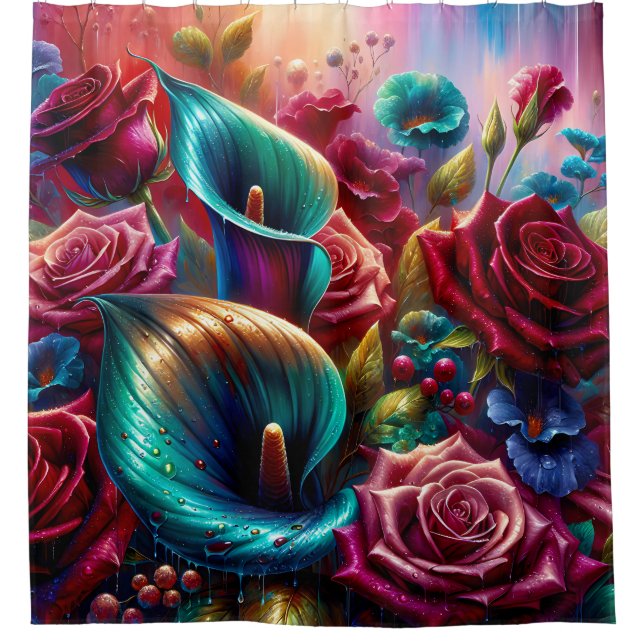 "Raindrops on Roses and Calla Lilies" Shower Curtain (Front)