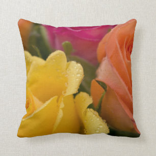 Raindrops on Yellow Orange and Pink Roses Cushion