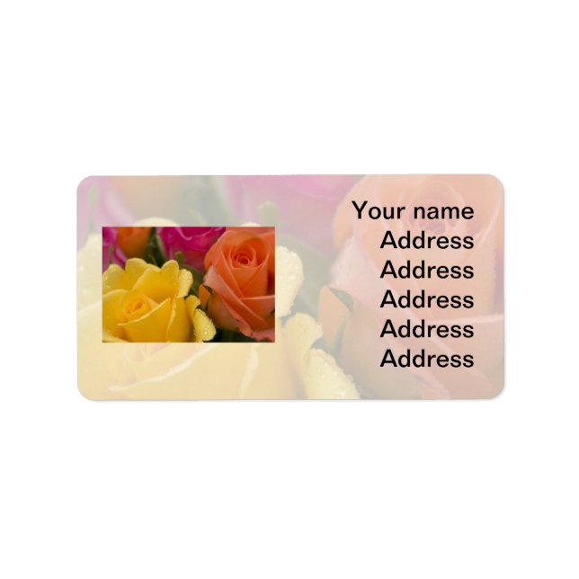 Raindrops on Yellow Orange and Pink Roses Label (Front)