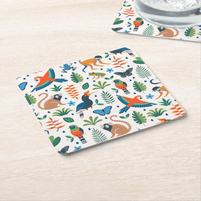 Rainforest Animal Pattern Square Paper Coaster (Angled)