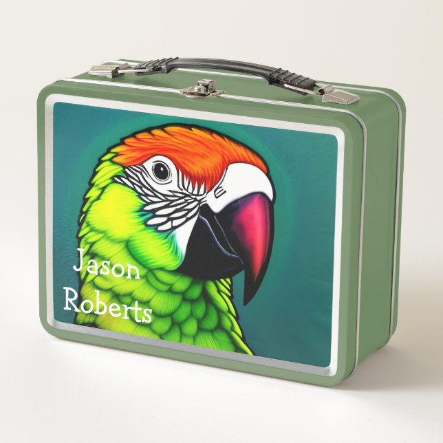 Rainforest Beauty:  Exotic Wild Parrot Metal Lunch Box (Front)