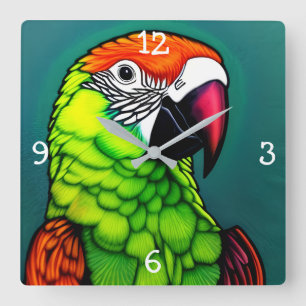 Rainforest Beauty: Exotic Wild Parrot Square Wall Clock
