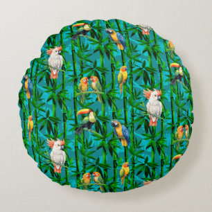 Rainforest Dreams Tropical Bamboo Birds Round Cushion