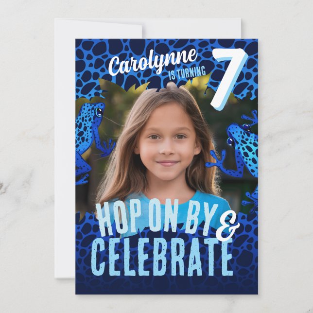 Rainforest Frog 7th Birthday Photo Invite - Blue (Front)