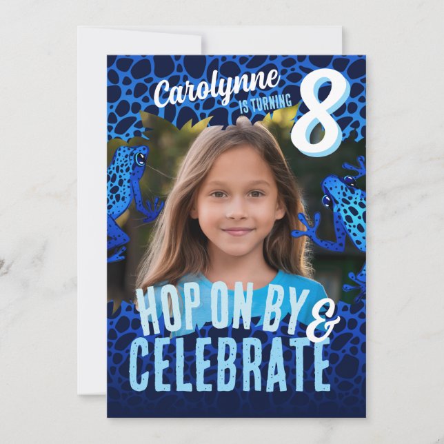 Rainforest Frog 8th Birthday Photo Invite - Blue (Front)