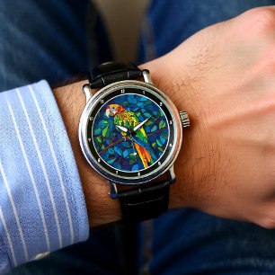Rainforest Radiance" - Stained Glass Parrot Wall  Watch