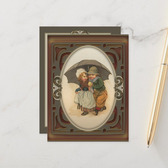Raining Again Vintage Illustration Postcard (Front/Back In Situ)