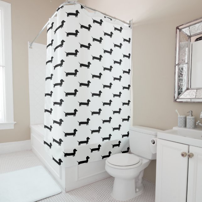 Raining Dachshunds Black and White Shower Curtain (In Situ)