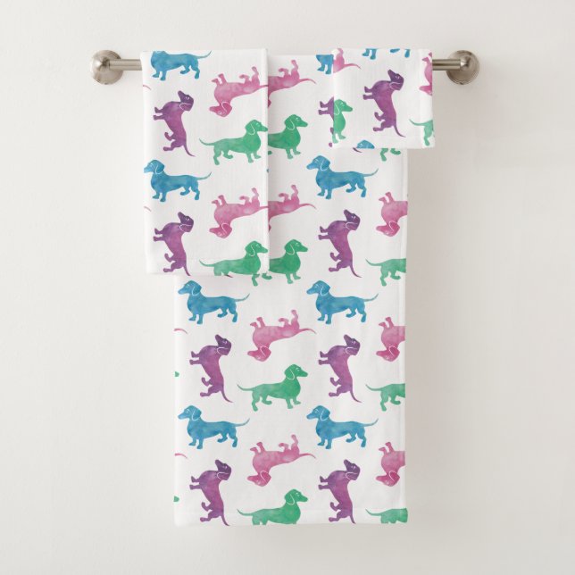 Raining Dachshunds Watercolor Pattern Bath Towel Set (Insitu)
