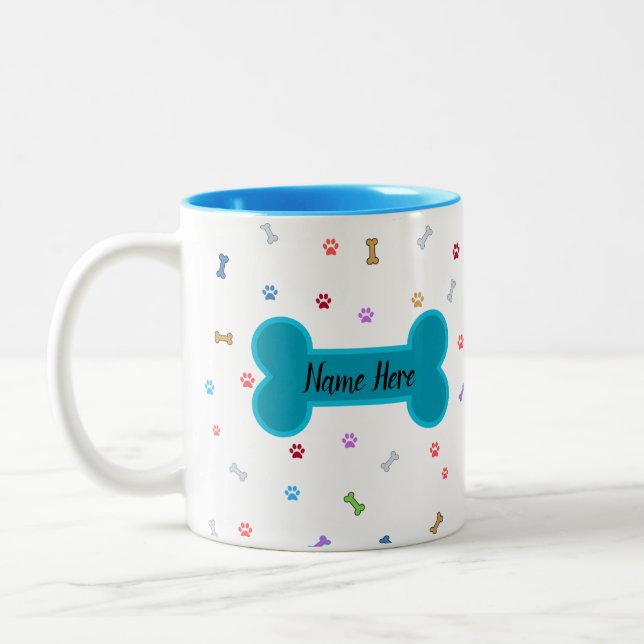 Raining Dog Paws & Bones - Customisable Name Two-Tone Coffee Mug (Left)