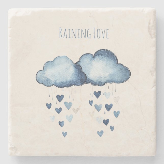 Raining Love Blue Clouds Hearts Stone Coaster (Front)