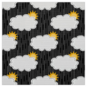 Raining Sunshine Clouds Pattern Design Black  Fabric
