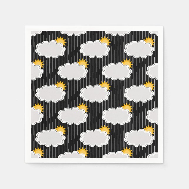 Raining Sunshine Clouds Pattern Design Black  Napkin (Front)