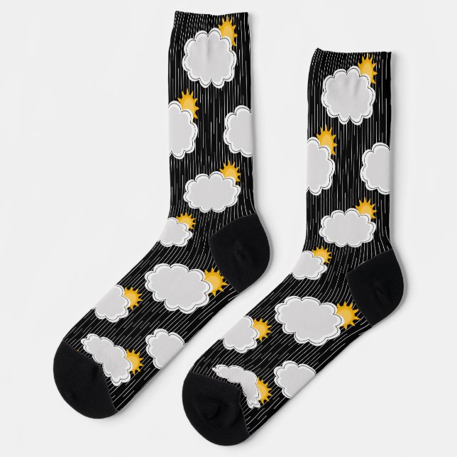 Raining Sunshine Clouds Pattern Design Black  Socks (Left)