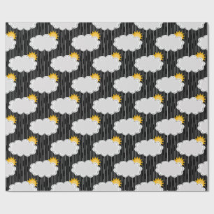 Raining Sunshine Clouds Pattern Design Black  Wrapping Paper