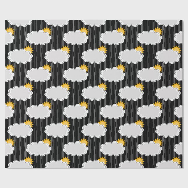 Raining Sunshine Clouds Pattern Design Black  Wrapping Paper (Flat)