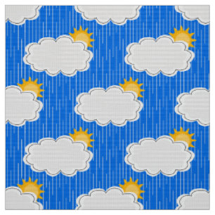 Raining Sunshine Clouds Pattern Design Blue Fabric