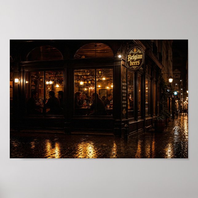 Rainlit Belgian Alehouse Evening Poster (Front)