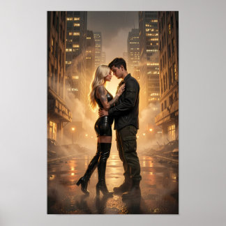Rainlit Lovers in a Golden Street Poster