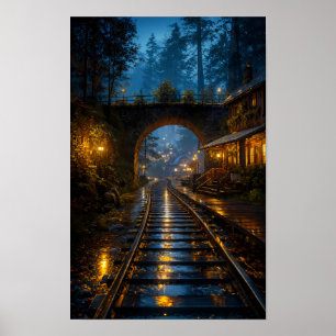 Rainlit Railway Through the Quiet Woods Poster