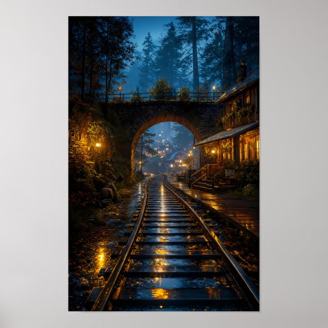 Rainlit Railway Through the Quiet Woods Poster (Front)
